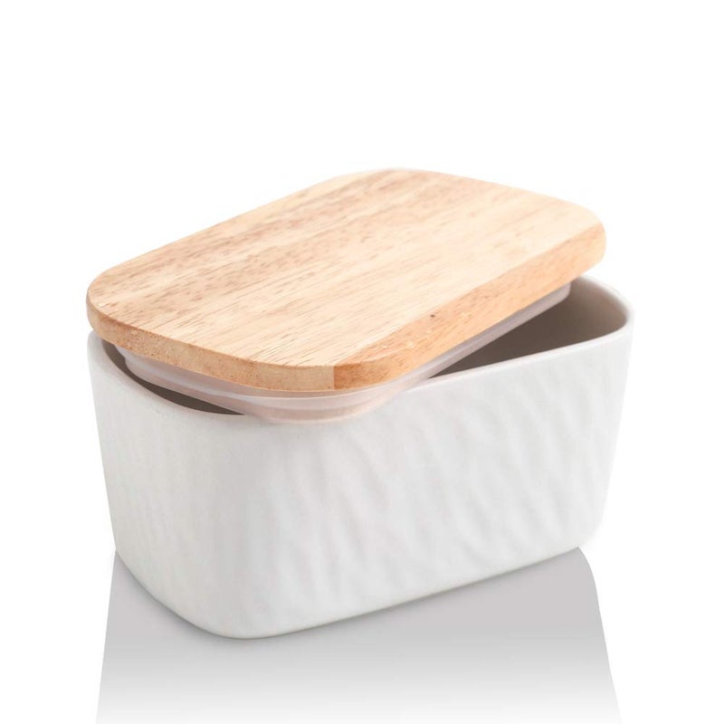 KOOV Porcelain Large Butter Dish with Lid, Airtight Butter Container with Oak Lid, Perfect for 2 Sticks, Texture Series (White) - Image 1
